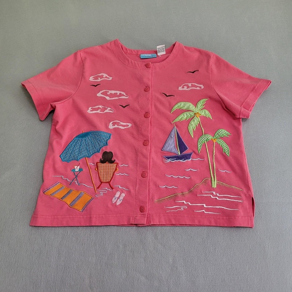 VTG Short Sleeve Button Up Embroidered Beach Vacation Scene Shirt Women's Size M